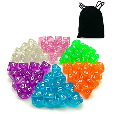 Afbeelding van 60pcs Assorted Colored Translucent D10 (1 10) Pack, 6X10pcs 10 Sides Dice Transparent Polyhedral Set in Black Velvet Pouch