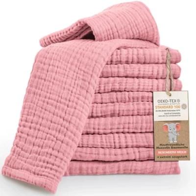 Afbeelding van LAYNENBURG set van 10 premium boerendoeken baby extra zachte mousseline 100% katoen 30x50cm Oeko Tex 100 doeken als luiers of doekluiers (oudroze)