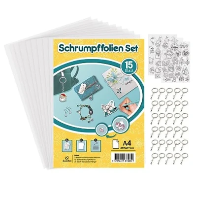 Afbeelding van Sweelov 15 vellen krimpfolieset met 30 stuks sleutelhangers A4 krimpende plastic folie motieven transparante decoratieve voor handwerk