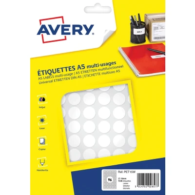 Afbeelding van Avery Pet15w Ronde Markeringsetiketten, Diameter 15 Mm, Blister Van 1536 Stuks, Wit Markeringsetiketten