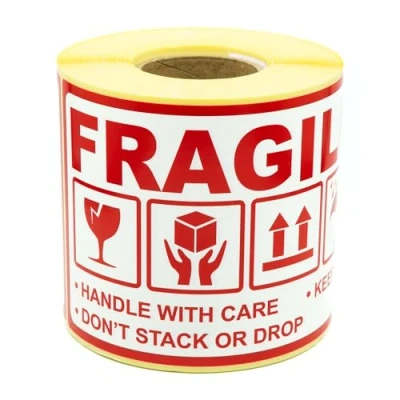 Afbeelding van MD Labels Warnetiketten op rol 90 x 150 mm 300 stuks FRAGILE handvat met zorg blijf droog niet stapelen of vallen this way up zelfklevende papieren verzendlabels