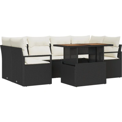 Afbeelding van vidaXL 7 delige Tuin Sofa Set met Kussens Zwart Poly Rattan Acacia, 2 zits