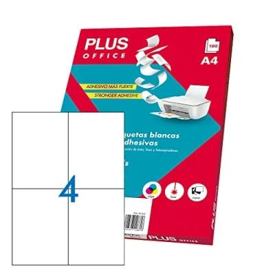 Afbeelding van Plus Office Zelfklevende witte etiketten om af te drukken, 100 vellen stickerpapier op A4 voor inkjetprinters, laser en fotokopieerapparaat, 4 per vel (105 x 148 mm)