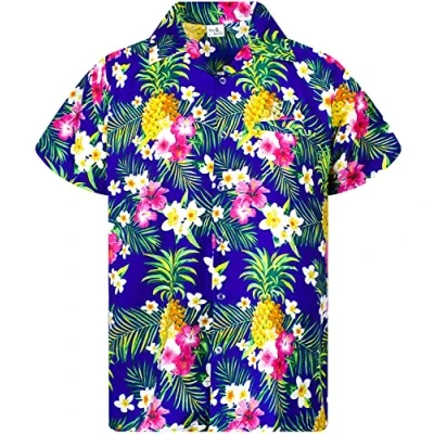 Afbeelding van King Kameha Funky Hawaïhemd voor kinderen, jongens en meisjes, korte mouwen, borstzakje, Hawaii print, uniseks, ananas, bladeren patroon, Kids Pineapple Flowers Blauw, 14 Jaar