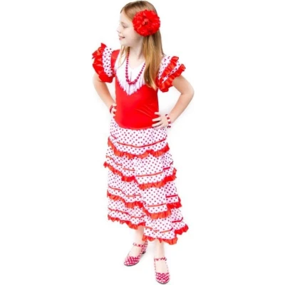 Afbeelding van Spaanse Flamenco jurk Rood/Wit Maat 140/146 (12) Verkleed meisje prinsessenjurk verkleedkleren