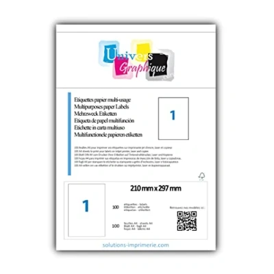 Afbeelding van 100 A4 vellen 1 sticker 210 x 297 mm plakpapier voor inkjet en laserprinters.