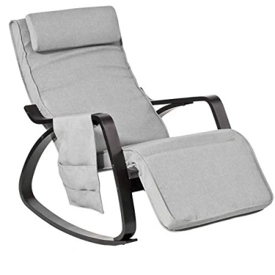 Afbeelding van SoBuy FST20 HG Schommelstoel met tas, relaxstoel, 5 voudig verstelbare voetdeel, schommelstoel, zwart frame, belastbaarheid 150 kg, grijs