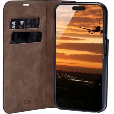 Afbeelding van JT Berlin Bookcase Tegel echt leren hoes compatibel met Apple iPhone 16 Pro Max (Premium flipcase, standfunctie, bankpasjes, magneetsluiting) zwart