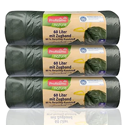 Afbeelding van Eco vuilniszakken met trekkoord, 60 liter (60 stuks), extreem scheurvast en vloeistofdicht, verpakking van 3 stuks (3 x 20 Blue Engel&quot; certificaat