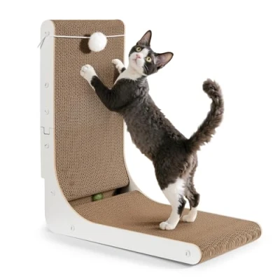 Afbeelding van Gimars L vormige 47cm Krabpaal voor Katten, Krabkarton Katten met Pluche &amp; Catnip Ballen, Kattenkrabbord, Grote Kattenkrabplank aan de Muur, Speelgoed Bescherming van Meubels