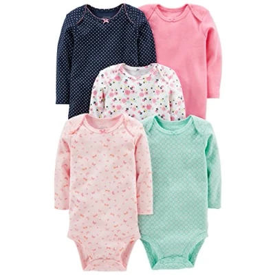 Afbeelding van Simple Joys by Carter&#039;s Rompertje met lange mouwen voor babymeisjes, 5 stuks, Roze/Navy/Mint Groen, Bloemen, Preemie