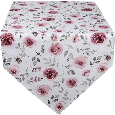 Afbeelding van Clayre &amp; Eef Tafelloper 50x160 cm Wit Roze Katoen Rozen Tafelkleed