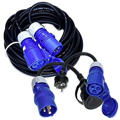 Afbeelding van IntuiFlex CEE 230V campingkabelset, 10 m, rubberen verlenging/stroomkabel + 2 x adapter H07RN F 3G2,5 IP44 3 2,5 mm, 230 V, 16 A, IP44, Schuko stekker op koppeling geaard