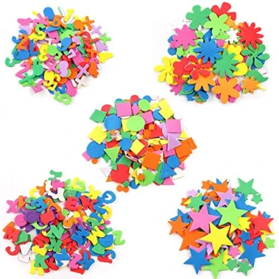 Afbeelding van Schuimrubberen stickers, 710 stuks, zelfklevende schuimrubber, knutselset, letterstickers, kinderfeeststickers voor knutselen, kunst, kinderen, scrapbooking, kaart, 5 patronen, maten en vormen