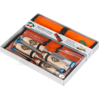 Afbeelding van Kirschen 1151000 Beitelset met hoornbalk handvat in lederrol, beige/zilver, 4 delig