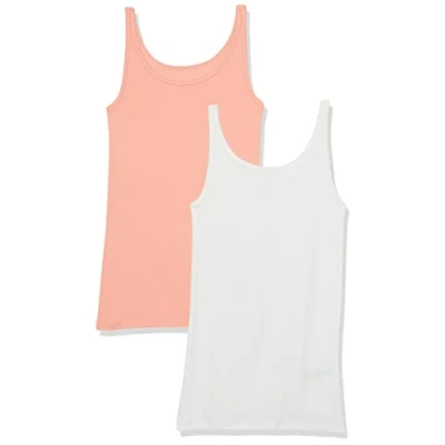 Afbeelding van Amazon Essentials Tanktop voor dames, slimfit, dunne bandjes, 2 stuks, koraalroze/wit, maat L