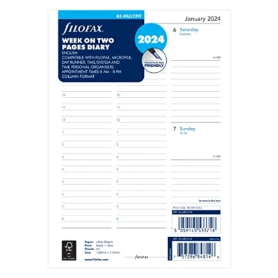 Afbeelding van Filofax A5 Week op twee pagina&#039;s Engels multi fit 2024 dagboek, wit