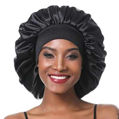 Afbeelding van Sengterm Elastische satijnen slaapmuts met brede band voor dames, lang haar, krullend haar (L, zwart)