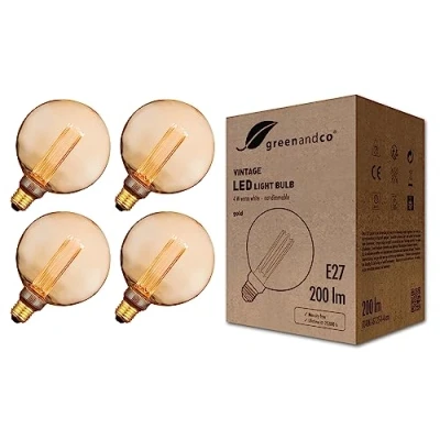 Afbeelding van greenandco Edison gloeilamp voor sfeerverlichting, E27 G125, goud, 4W, 200lm, 1800K extra warmwit, 320, 230V, flikkervrij, niet dimbaar, 4x vintage design