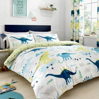 Afbeelding van Bedlam Dinosaurus dekbedovertreksets tweepersoons beddengoed (200 x 200 cm) groen dinosaurusbeddengoed voor kinderen omkeerbaar ontwerp met geometrische vormen