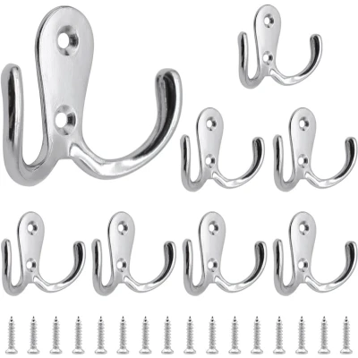 Afbeelding van lyualma 8 stuks wandjashaken, dubbele wandhaken, haken, kledinghaken met schroeven, voor garderobehaken, badkamer, keuken, zilver