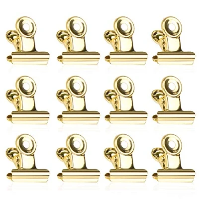 Afbeelding van Kleine Bulldog clips, 50 stuks bindklemmen, 22 mm, metalen buldog, gouden scharnierclips, bindpapierklemmen voor foto&#039;s, kantoor en keuken thuis (goud)