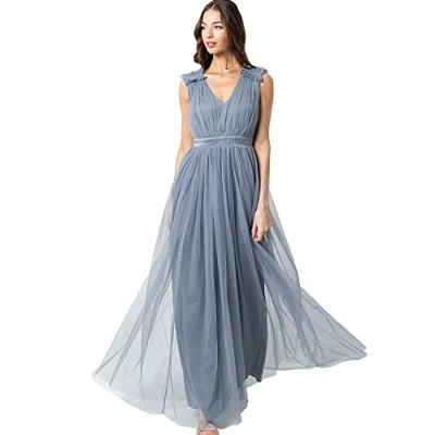 Afbeelding van Maya Deluxe Maxi jurk voor dames, met ruches, V hals, mouwloos, hoge Empire taille, lang, gala, gast, bruiloft, bruidsmeisje, Dusty Blauw, 30