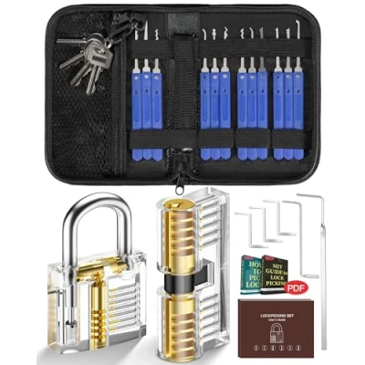 Afbeelding van Lockpicking set, IPSXP 25 stuks Dietrich set met 2 transparante trainingssloten leren tas, extractortool voor slotenmakers, beginners en professionals