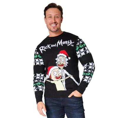 Afbeelding van RICK AND MORTY kersttrui voor heren warme, gezellige grappige maten M 2XL officiële merchandise cadeaus hem (Zwart, M)