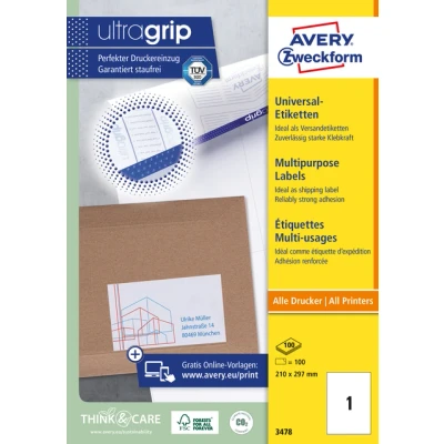 Afbeelding van Etiket Avery Zweckform 3478 210x297mm A4 wit 100stuks