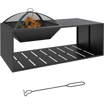 Afbeelding van Outsunny Vuurkorf met Vonkenscherm en Pook Vuurplaats Opbergplank voor Tuin Terras Metaal Zwart