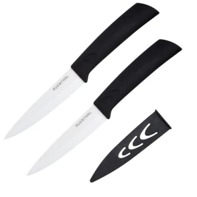 Afbeelding van Amefa AUENTHAL keramisch mes, 10 cm lemmetlengte, wit lemmet van keramiek, extreem scherp, ergonomische handgreep, zwart, inclusief mesbescherming, schilmes, keukenmes