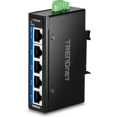 Afbeelding van TRENDnet 5 poorts industriële Gigabit DIN rail mini schakelaar, TI GLC50, x poorten, extreme temperatuur IP30 classificatie, 10 Gbps schakelcapaciteit, zwart