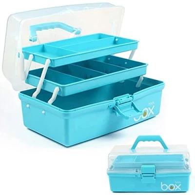 Afbeelding van 30,5 cm drielaagse multifunctionele opbergdoos organizer opvouwbare gereedschapskist/kunst &amp; ambachten koffer/naaibenodigdheden organiser/medicijndoos/familie EHBO doos met 2 trays (blauw)