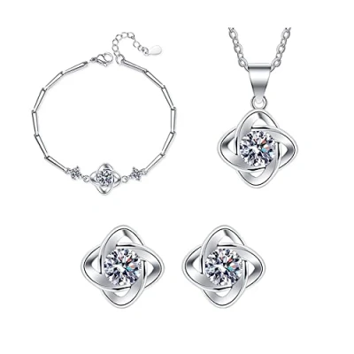 Afbeelding van TOEECY Sieradenset met klavertje vier 925 Sterling zilver, zirkonia, hanger, halsketting, oorbellen, armband, feest, bruiloft, bruidsmeisje, voor meisjes, bruid, Trébol de Cuatro Hojas#1,