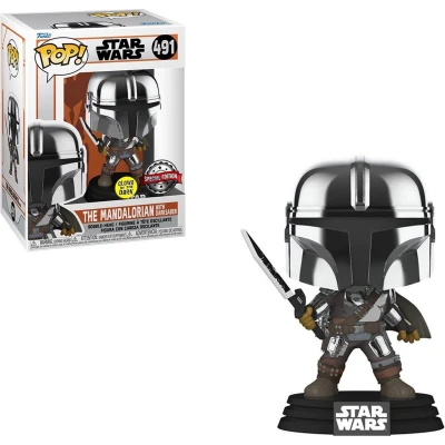 Afbeelding van Funko Mando met Darksaber (Glow in The Dark + Metallic) Pop! Mandalorian Figuur 9cm