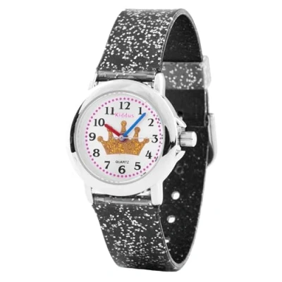 Afbeelding van Kiddus horloge meisje met Glitter. Polshorloge voor kinderen Oefeningen om de Tijd te Leren. Kinder meisje. Gouden kroon, zwarte band.