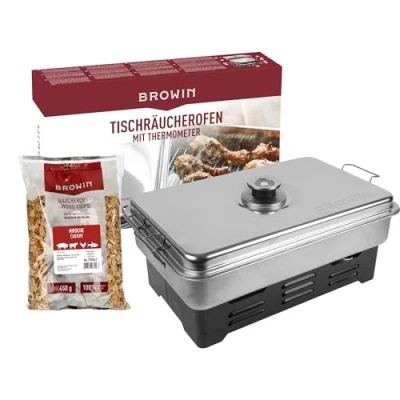Afbeelding van Browin 330010 rookoven voor balkon, roestvrij, mobiel met keukenthermometer en rookchips, 11 x 43,5 27,5 cm, grijs
