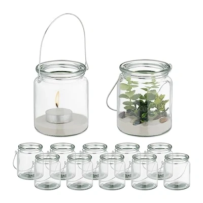 Afbeelding van Relaxdays glazen windlicht set van 12 met hengsel ronde theelichthouder buiten