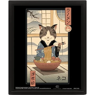 Afbeelding van Vincent Trinidad 3D Lenticulaire ingelijste muurkunst (Neko Ramen Ukiyo E Design) kunstdruk in zwarte fotolijst 28,5 cm x 23,5 cm. Oosterse poster/3D wanddecoratie officiële merchandise