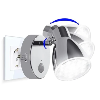 Afbeelding van TRANGO 2635 018 LED sensor nachtlampje *MILO* met bewegingssensor &amp; automatische functie in chroom Veiligheidslicht direct 230V stopcontactlamp, wandlamp, oriëntatielicht, stopcontactlicht