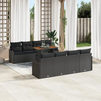 Afbeelding van vidaXL 9 delige tuinsofa set met kussens zwart poly rattan acacia, 2 zits