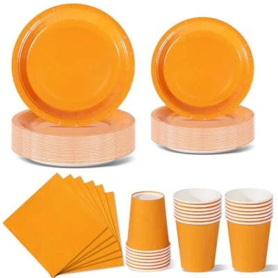 Afbeelding van Nkaiso Oranje Party Servies, 96 Stuks Kleurrijke Feestbenodigdheden Set Effen Kleur Papieren Platen Bekers en Servetten voor Verjaardagsfeestartikelen