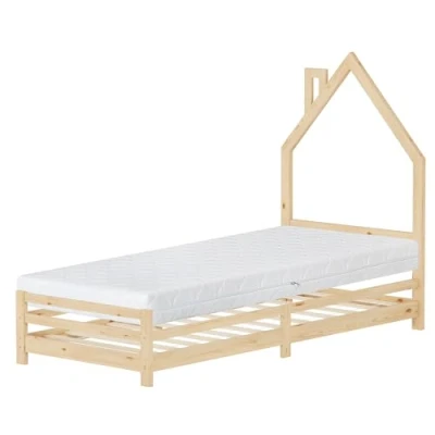 Afbeelding van kinderbed huis 90x200 cm naturel met matras H:16cm houten lattenbodem schoorsteen Design ML