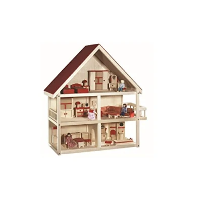 Afbeelding van Roba Poppenhuis, poppenvilla incl. meubels en poppen, meisjes speelgoed, hout natuur