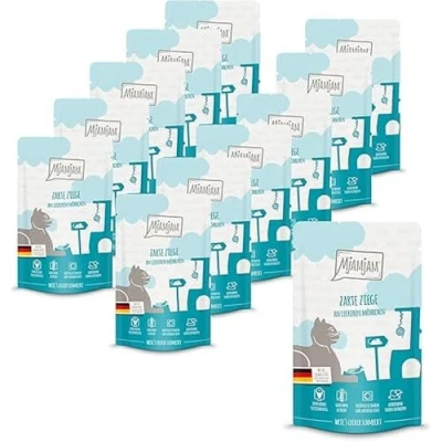 Afbeelding van MjAMjAM premium natvoer voor katten Quetschie malse geit met heerlijke wortelen, pak van 12 (12 x 125 g), graanvrij extra vlees