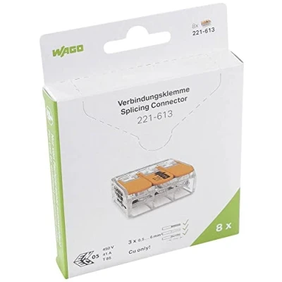 Afbeelding van Wago verbindingsklem max. 6 mm2 met hendel 3 voudig blister 8 stuks