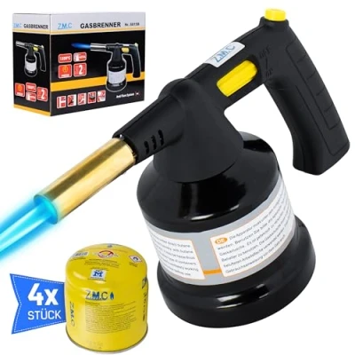 Afbeelding van Z.M.C Gasbrander 1,3 kW + 4 gaspatronen 190 g, flambeerbrander tot 1350 C, bunsenbrander, soldeerbrander, branderopzetstuk, keukenbrander met instelbare vlam