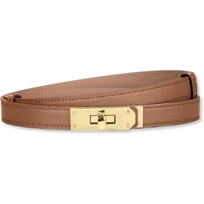 Afbeelding van baizhong Vrouwen Skinny Lederen Riem Klassieke Effen Kleur Legering Turn Lock Dames Verstelbare Slanke Dunne Taille Riem, (karamel/Goud), Eén maat