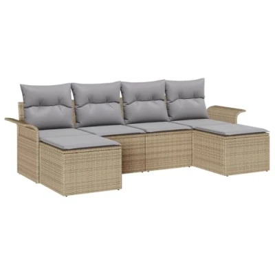 Afbeelding van vidaXL 6 delige tuinsofa set met kussens beige poly rattan, 2 zits opslag en rattan